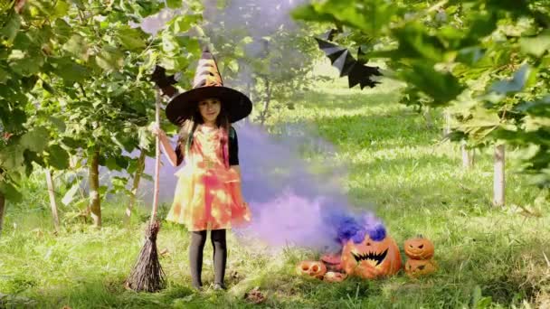 一个穿着巫婆服装 拿着扫帚的女孩站在枫树中间 一个大大的南瓜冒着紫色的烟 脸上挂着邪恶的笑容 Hallobetween — 图库视频影像