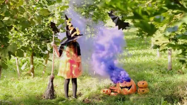 Des Bouffées Fumée Violette Émanent Citrouille Une Fillette Cinq Ans — Video