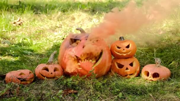 Színes Füstfelhők Jönnek Hátborzongató Jack Lantern Tök Száján Szemüregén Keresztül — Stock videók