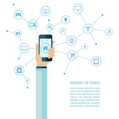 Internet şeyler kavram smartphone tutan insan el ile.