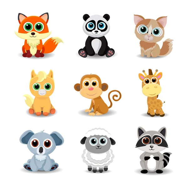 Fox, panda, kedi, midilli, maymun, zürafa, koala, koyun ve rakun gibi sevimli hayvanlar topluluğu.