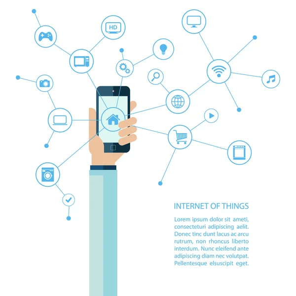 Concepto de Internet de las cosas con smartphone de mano humana . — Vector de stock