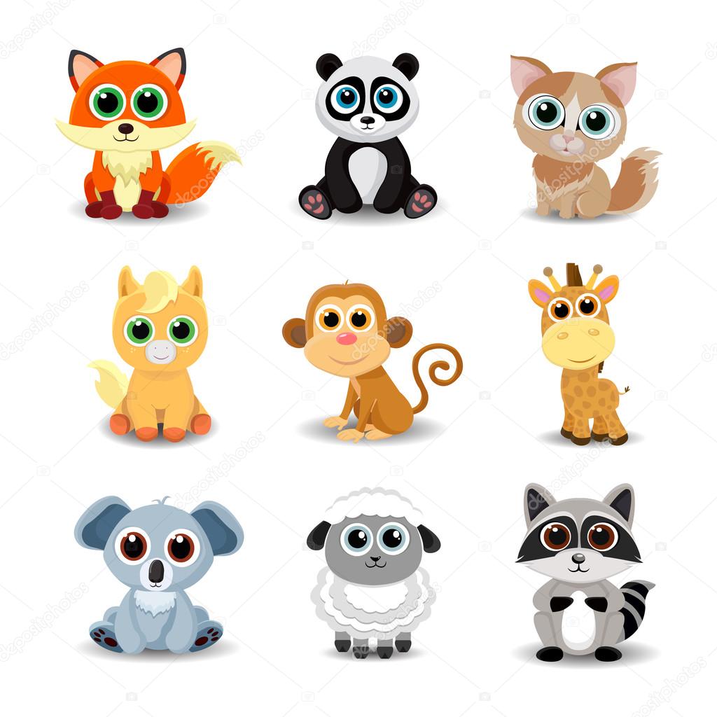 Collection of cute animals including fox, panda, cat, pony, monkey, giraffe, koala, sheep and raccoon.