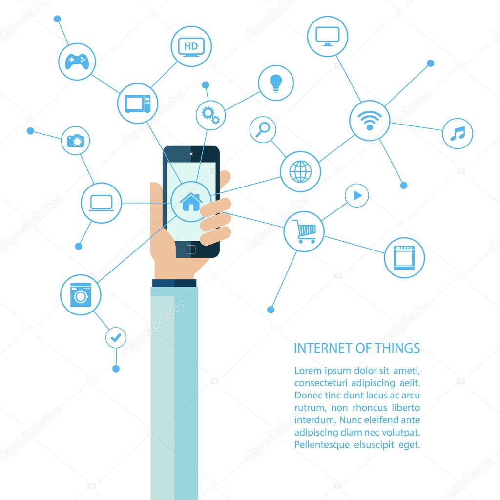 Internet of things concept with human hand holding smartphone.
