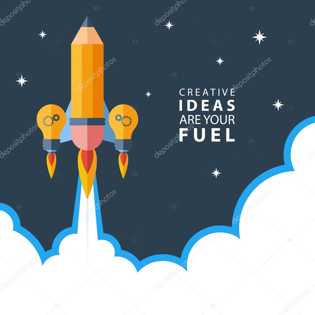 Creative ideas are your fuel. Rocket launch. Flat design colorful vector illustration.