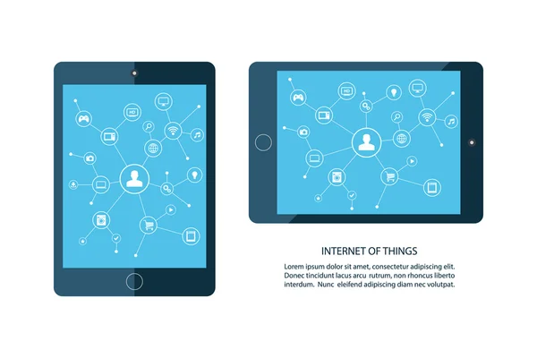 Internet van dingen concept. Mobiele tablet en smart home-apparaten pictogrammen. Consument en de erop aangesloten apparaten. Internet, netwerken, online winkelen. — Stockvector