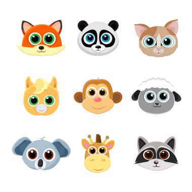 Fox, panda, kedi, midilli, maymun, zürafa, koala, koyun ve rakun gibi sevimli hayvan yüzleri topluluğu.