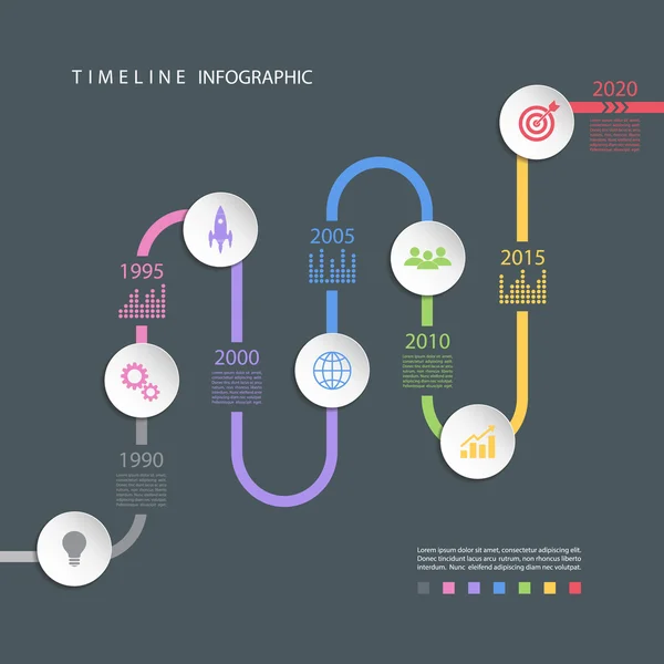 Modello di design infografico della timeline stradale con icone a colori. Illustrazione vettoriale . — Vettoriale Stock