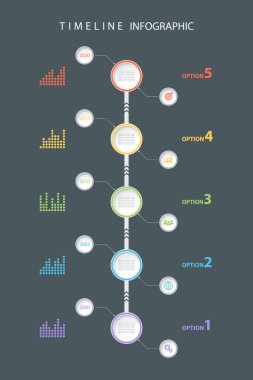 Zaman çizelgesi Infographic tasarım şablonu ile diyagramları ve simgeler. Vektör çizim.