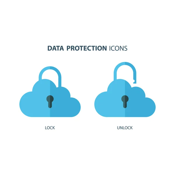 Icone sulla protezione dei dati. Cloud computing e protezione dei dati. Tecnologia cloud sicura . — Vettoriale Stock