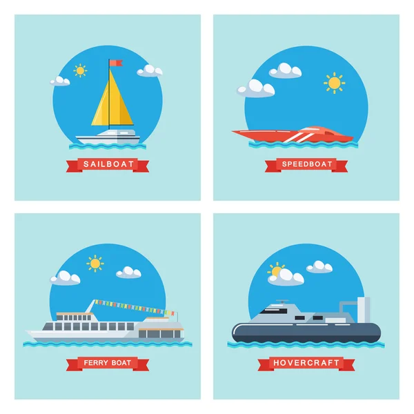 Conjunto de veleiro plano, balsa, lancha e ícones de hovercraft. Transportes marítimos . — Vetor de Stock