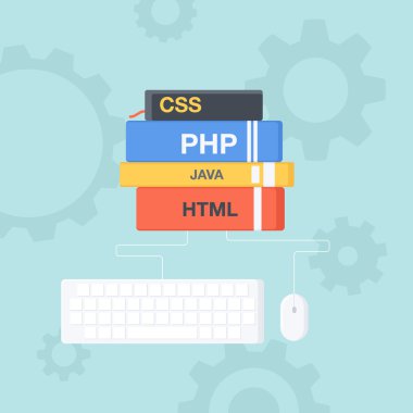Programlama ve kodlama düz tasarım kavramını. Çalışma ve eğitim. Kitap klavye ve bilgisayar fare ile. 