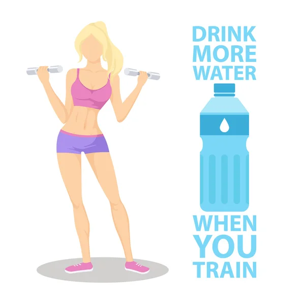 Drink more water when you train. Sporty young woman in sportswear with dumbbells. Healthy lifestyle concept. Motivation poster template. Bottle of water. — Stock Vector