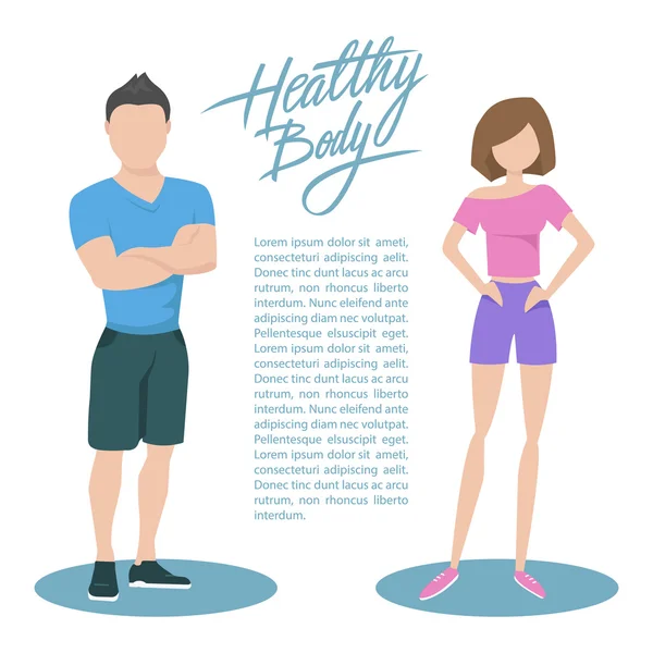 Fitness couple with handwritten inscription Healthy body. Healthy lifestyle concept. — Stock Vector