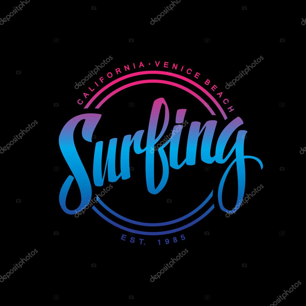 Surfing. Calligraphy. Surfing logo. Handwritten word. Surf typography, t-shirt graphics. Vector illustration.