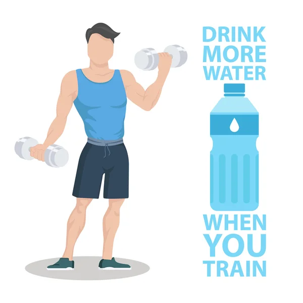 Drink meer water wanneer je trein. Sportieve jongeman in sportkleding met halters. Gezonde levensstijl concept. Motivatie poster sjabloon. Fles water. — Stockvector