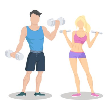 Fitness dumbbells ile genç sportif çift. Çift uygun. İş ortakları. 