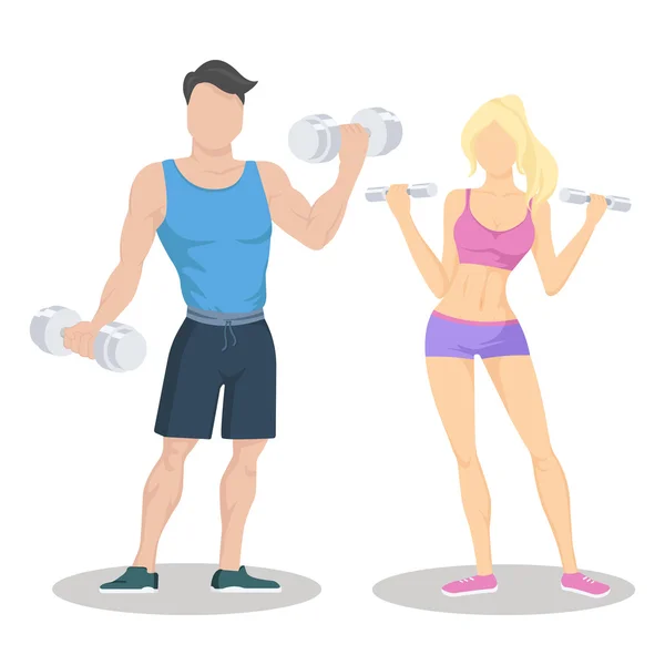 Fitness jovem casal desportivo com halteres. Um casal adequado. Parceiros de treino . —  Vetores de Stock