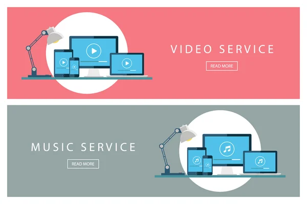 Set konsep ilustrasi desain datar Layanan video dan layanan musik. Panji untuk desain web, pemasaran dan promosi. Templat presentasi . - Stok Vektor