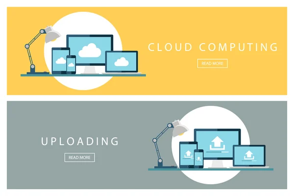 Set di concetti di progettazione piatta Cloud computing e tecnologia di caricamento. Banner per web design, marketing e promozione. Modelli di presentazione . — Vettoriale Stock