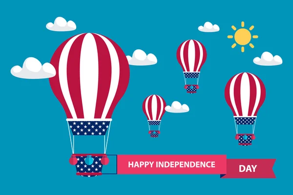 4 de julho cartão de saudação do dia da independência americana com balões de ar quente nas cores da bandeira americana com fita vermelha . — Vetor de Stock