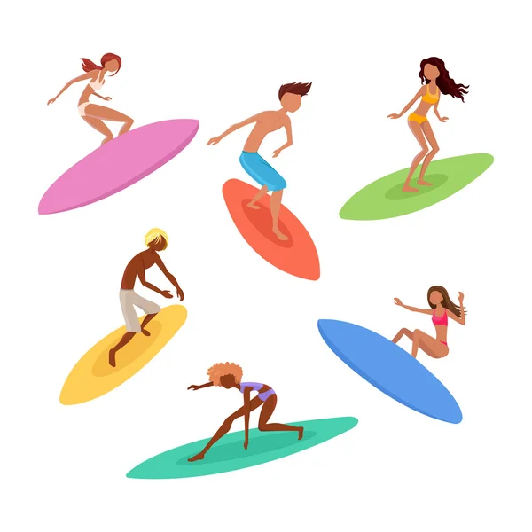 Set di simpatici surfisti con tavole da surf. Personaggi di surf . — Vettoriale Stock