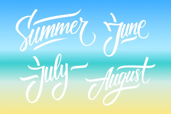 Sommaren. Juni, juli, augusti. Sommaren månader bokstäver. Kalligrafiska säsong Inskription. — Stock vektor
