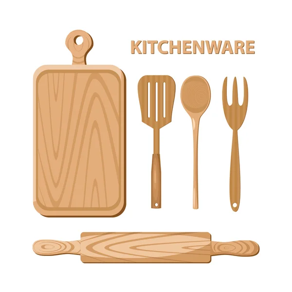 Wooden kitchen utensils. Kitchenware. — Stock Vector