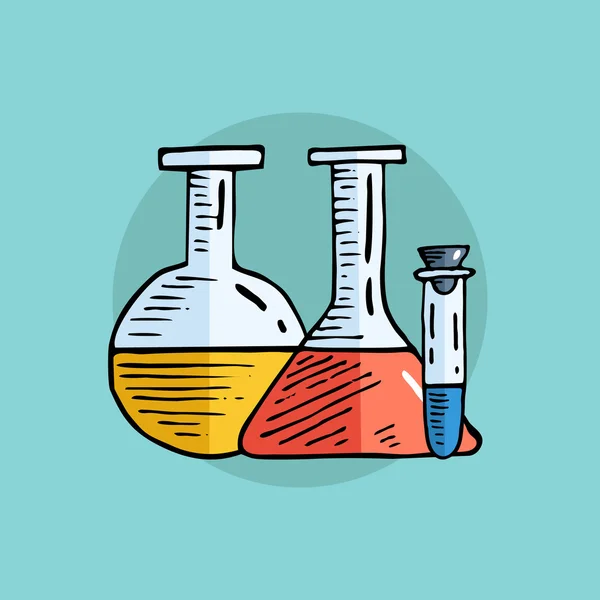 Equipo de laboratorio. El tubo de ensayo, el vaso de precipitados, el frasco . — Vector de stock