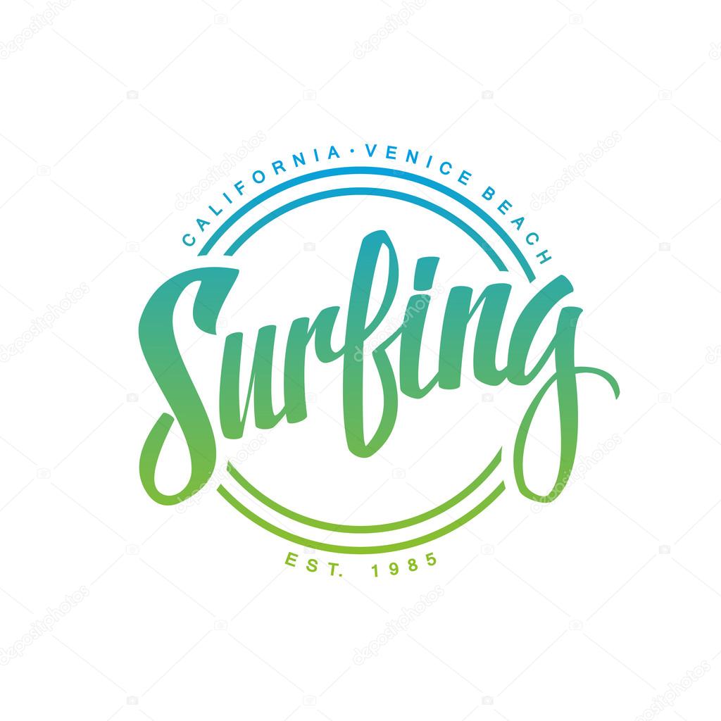 Surfing. Calligraphy. Surfing logo. Handwritten word. Surf typography, t-shirt graphics. Vector illustration.