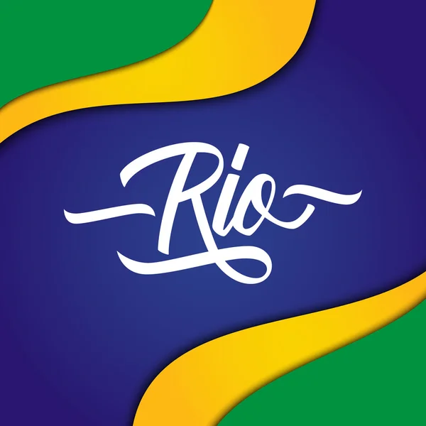 Handgeschriebene Inschrift Rio auf dem Hintergrund in den Farben der brasilianischen Flagge. Handgezeichnetes Element für Ihr Design. — Stockvektor