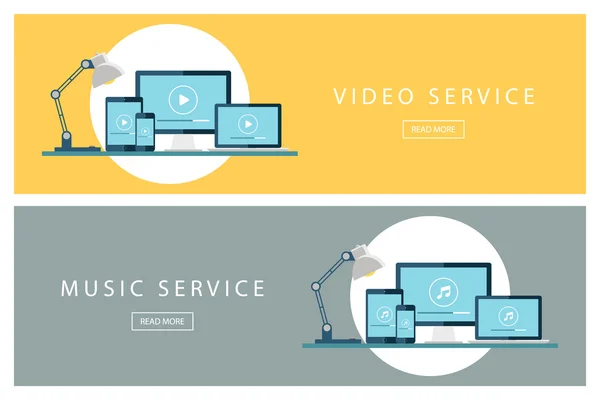 Uppsättning platt design illustration begrepp Video service och musiktjänst. Banners för webbdesign, marknadsföring och reklam. Presentation mallar. — Stock vektor