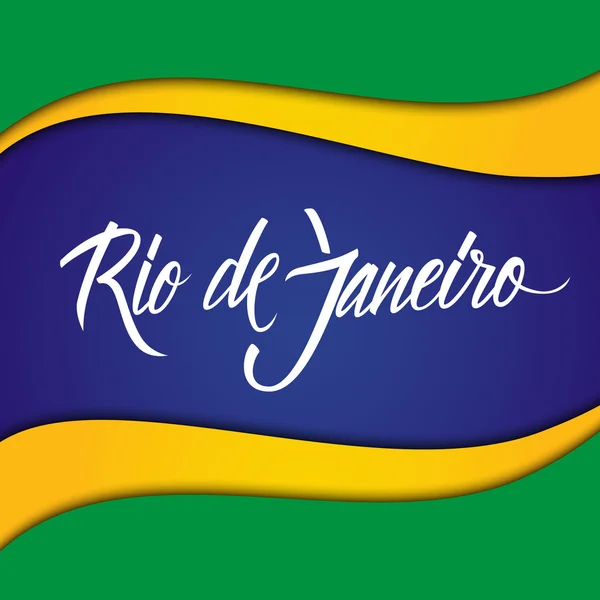 Inscripción manuscrita Río de Janeiro sobre fondo en colores de bandera brasileña. Elemento dibujado a mano para su diseño . — Archivo Imágenes Vectoriales