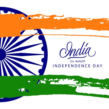 Indian Independence Day greeting card with Ashoka wheel, handwritten word India and brush strokes in national flag colors.  clipart