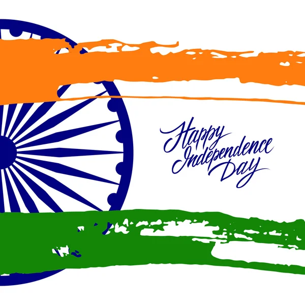 Tarjeta de felicitación India Feliz Día de la Independencia con rueda Ashoka y pinceladas en colores de bandera nacional . — Vector de stock