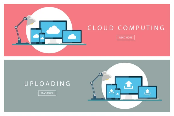 平面设计概念集云计算和上传技术。为 web 设计、 市场营销和推广的横幅。演示文稿模板. 免版税图库矢量图片