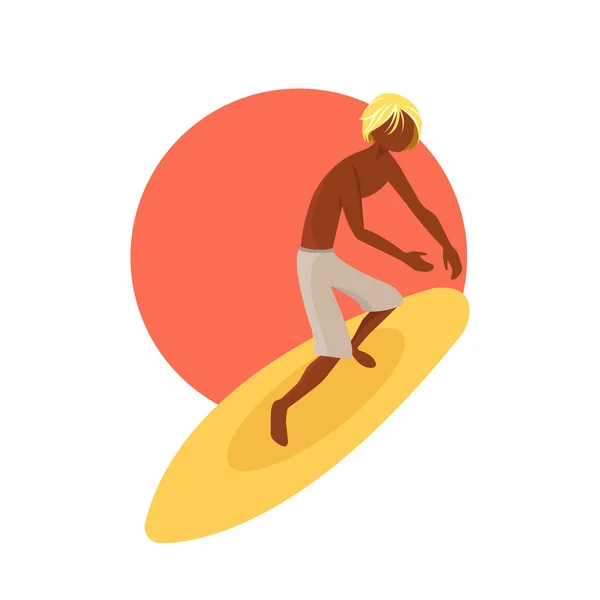 Surfer jongen rijden op een surfplank. — Stockvector