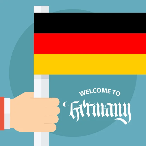 Καλώς ήρθατε στην Γερμανία κάρτα με αρσενική χέρι κατέχουν τη Γερμανική σημαία. — Διανυσματικό Αρχείο