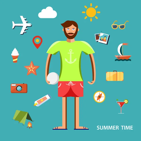 Ilustração do vetor de verão com conjunto de ícones de caráter e férias . — Vetor de Stock
