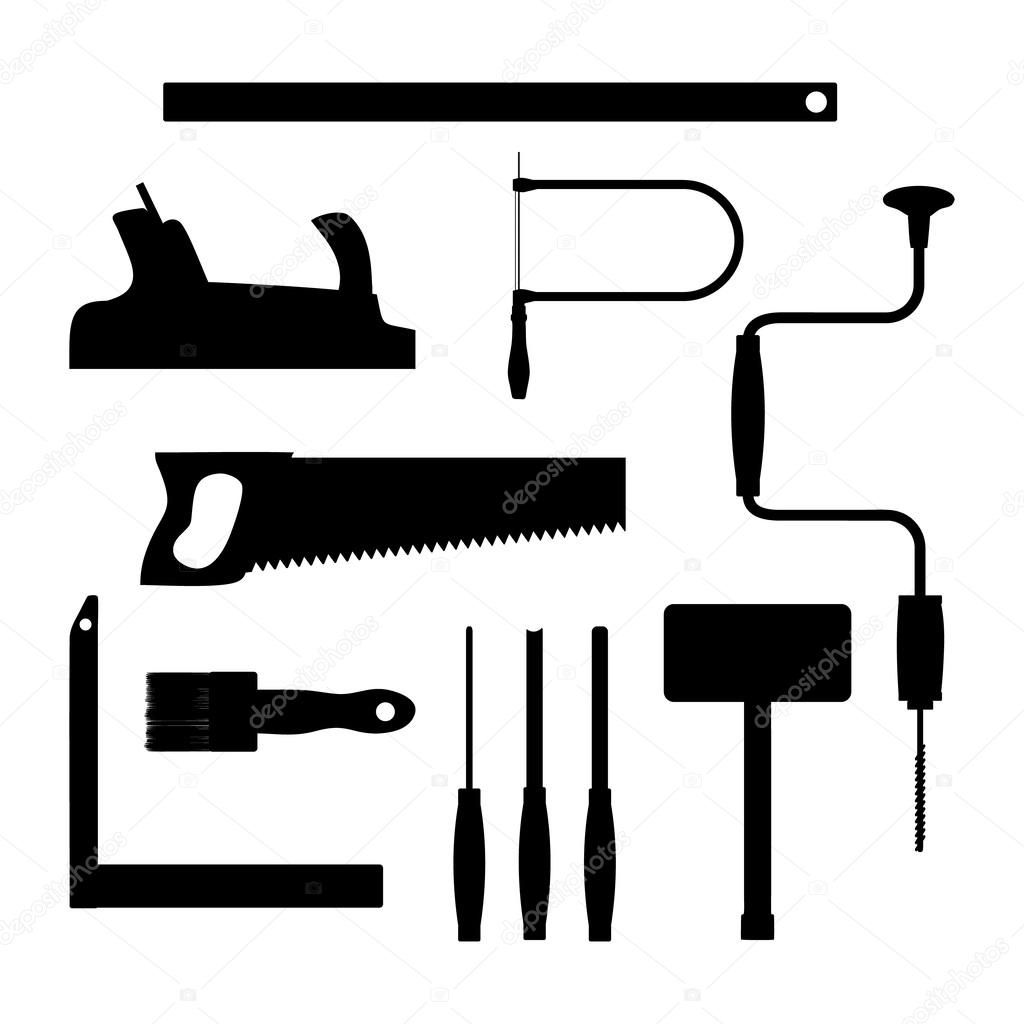 Carpenter tools. Black silhouette vector illustration.
