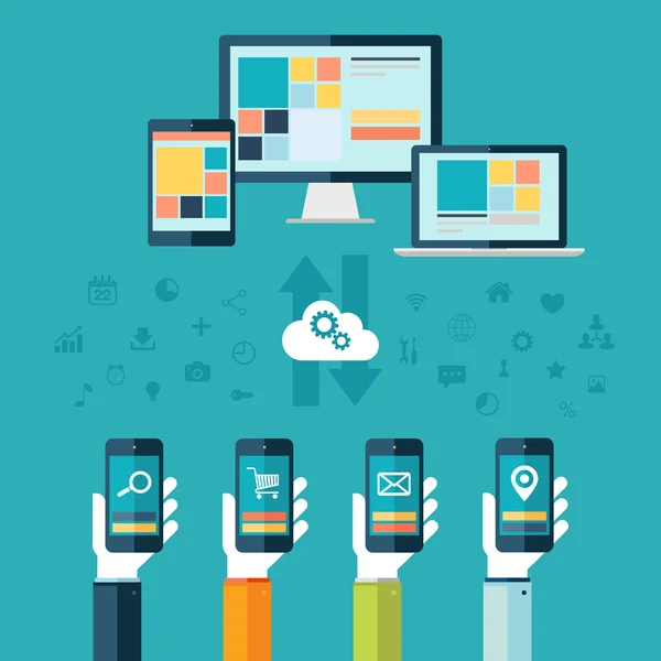 Cloud Computing. Desktop-Computer, Laptop und Tablet mit händenhaltenden Telefonen Vektor-Illustration. — Stockvektor