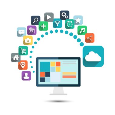 Bulut bilgisayar. Renk web simgeleri ile masaüstü bilgisayar illüstrasyon vektör.