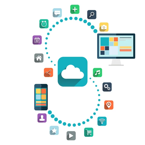 Cloud computing. Ordinateur de bureau et téléphone intelligent avec illustration vectorielle d'icônes web couleur . — Image vectorielle