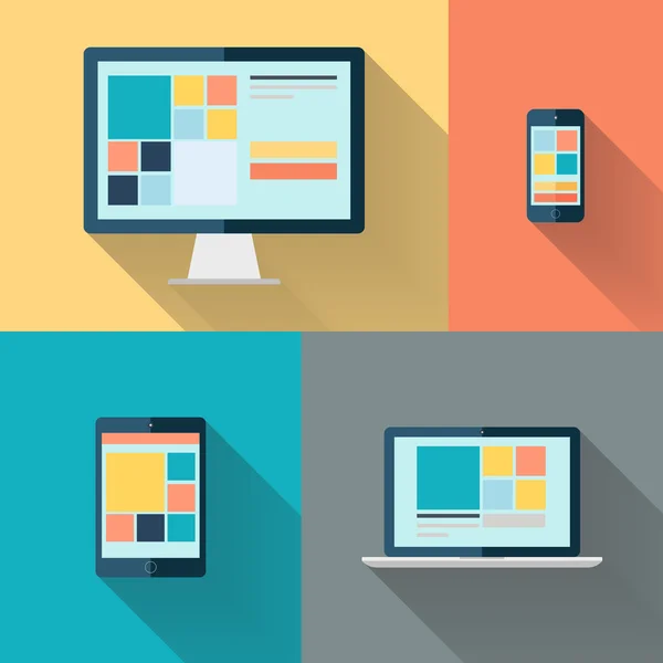 Computer desktop, laptop, tablet e smartphone su sfondo a colori illustrazione vettoriale piatta . — Vettoriale Stock