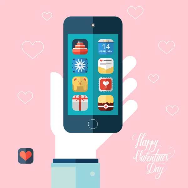Valentinstag-Symbole auf dem Smartphone-Bildschirm. Farb-Design-Vektor Illustration. — Stockvektor
