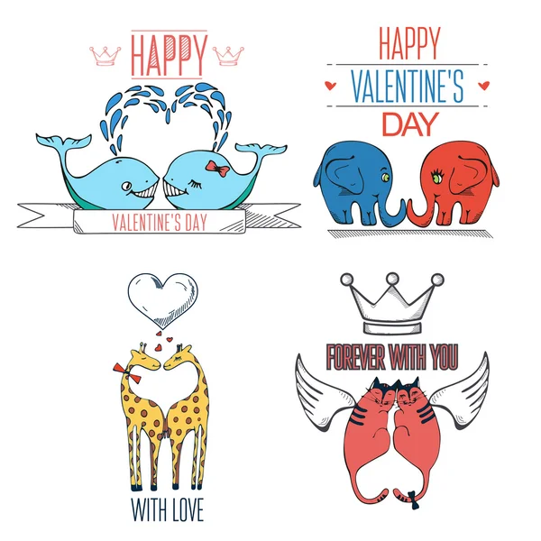 Lindos animales dibujados a mano en el amor. Tarjeta de San Valentín con elementos tipográficos . — Vector de stock