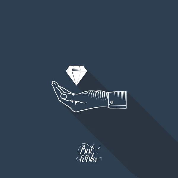 Diamant in der Hand auf dunkelblauem Hintergrund mit langem Schatten. — Stockvektor