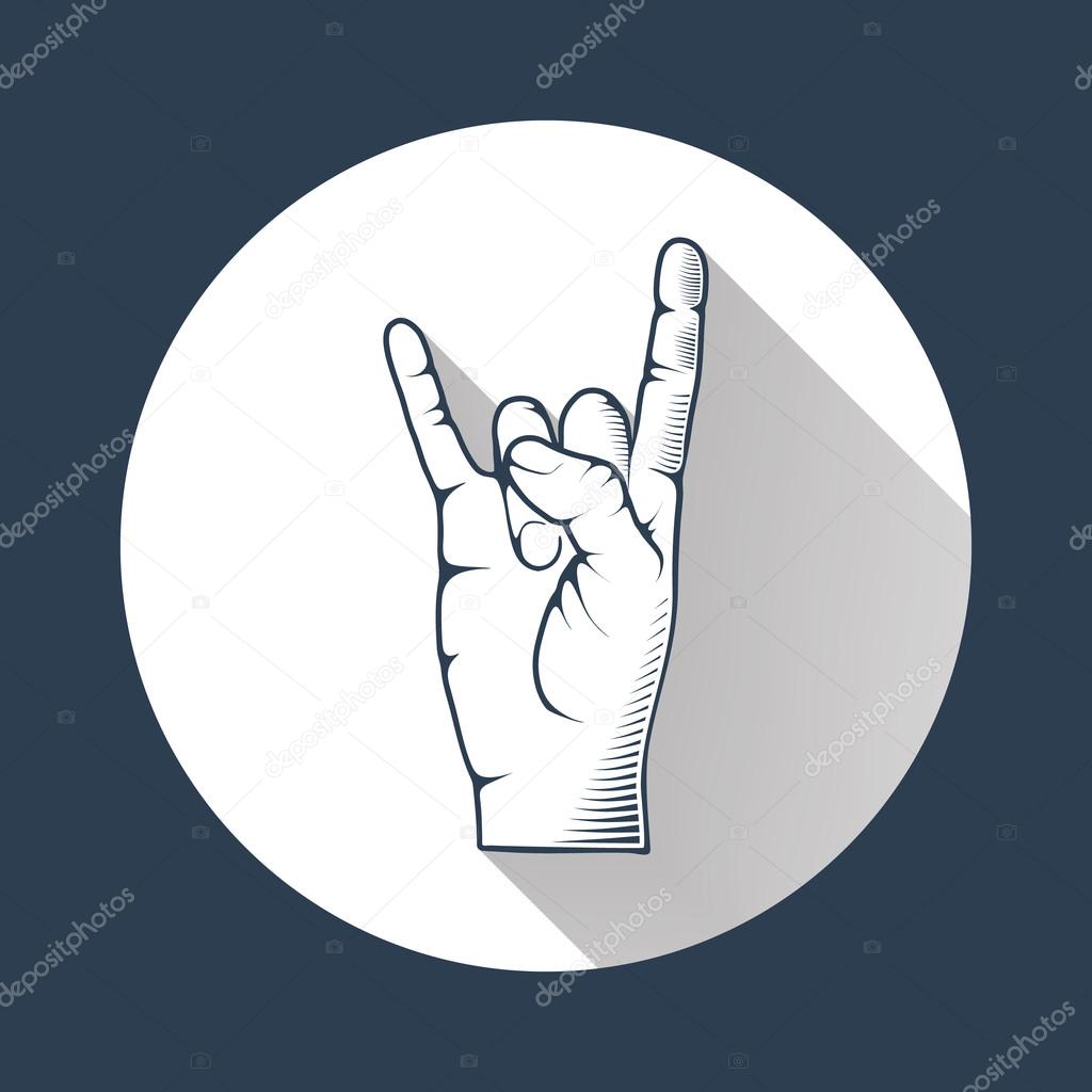 Human hand in rock n roll sign with long shadow vector illustration.
