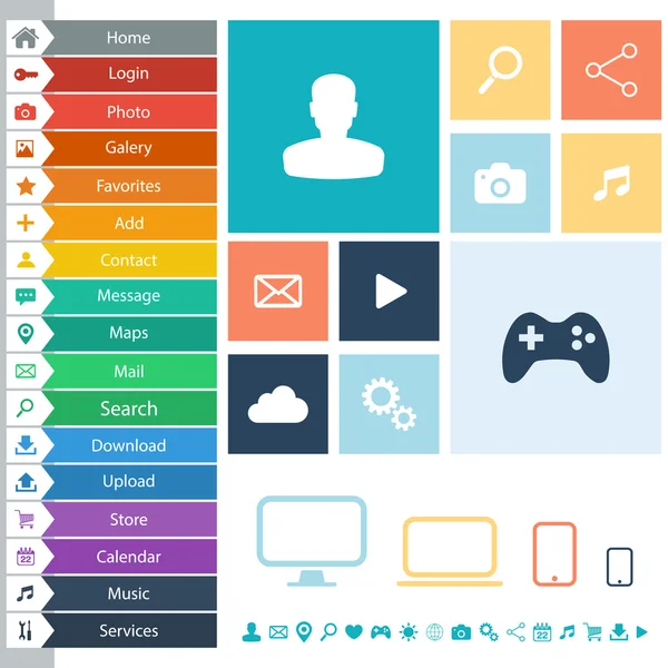 Éléments de conception Web plat, boutons, icônes pour interface, sites Web, applications . — Image vectorielle