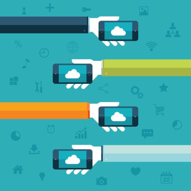 Bulut bilgisayar. Telefonları bulut simgesi ekranda holding eller.